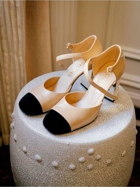 CHANEL Beige and Black Pearl-Embellished Mary Jane Heels